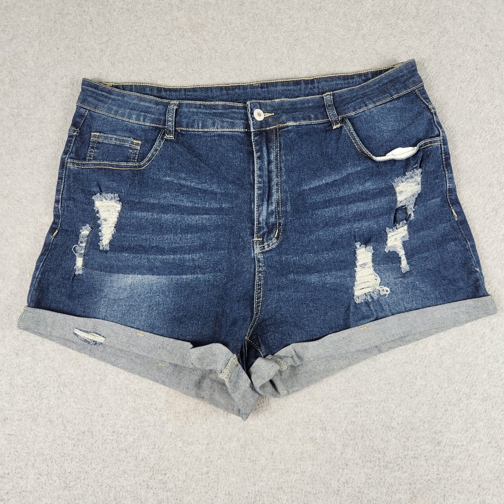 Shein Curve Denim Shorts Womens 3XL Blue Cotton Stretch Distressed Cuffed Hem